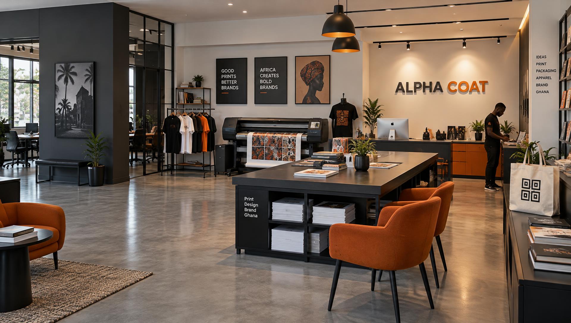 Modern African print and branding studio with Alpha Coat wall signage, print samples and orange-accented workstations